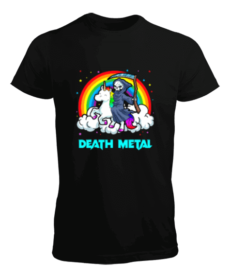 Tisho - Death Metal Unicorn Gökkuşağı Baskılı Siyah Erkek Tişört