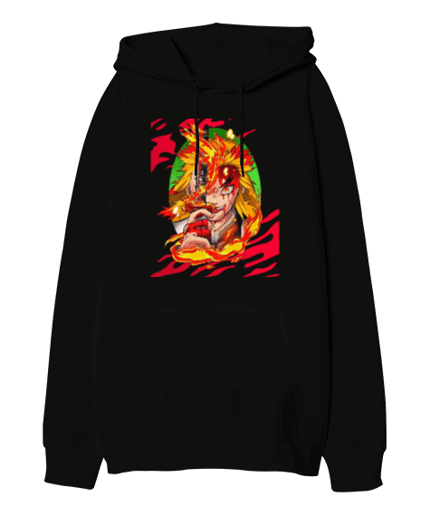 Tisho - Demon Slayer Anime Kyojuro Rengoku Tasarım Baskılı Oversize Unisex Kapüşonlu Sweatshirt