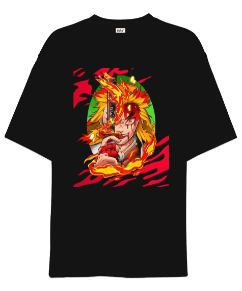 Tisho - Demon Slayer Anime Kyojuro Rengoku Tasarım Baskılı Oversize Unisex Tişört