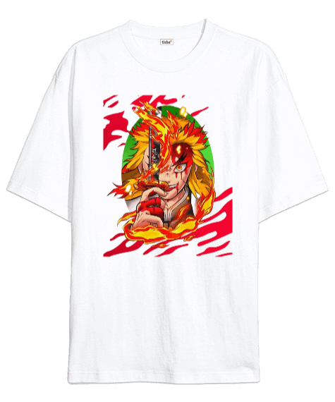 Tisho - Demon Slayer Anime Kyojuro Rengoku Tasarım Baskılı Oversize Unisex Tişört
