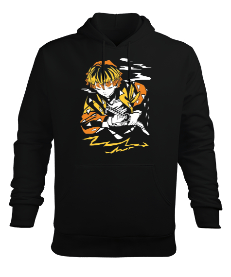 Tisho - Demon Slayer Anime Zenitsu Tasarım Baskılı Siyah Erkek Kapüşonlu Hoodie Sweatshirt