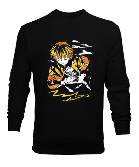 Tisho - Demon Slayer Anime Zenitsu Tasarım Baskılı Siyah Erkek Sweatshirt