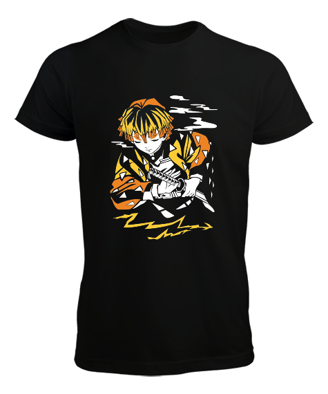 Tisho - Demon Slayer Anime Zenitsu Tasarım Baskılı Siyah Erkek Tişört