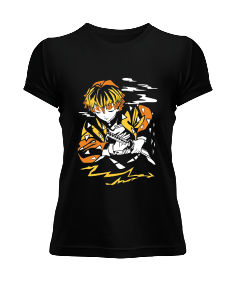 Tisho - Demon Slayer Anime Zenitsu Tasarım Baskılı Siyah Kadın Tişört