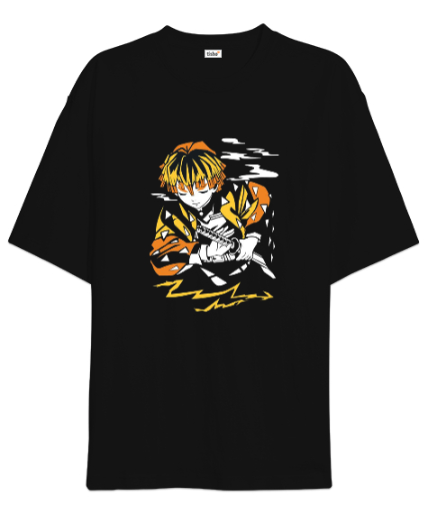 Tisho - Demon Slayer Anime Zenitsu Tasarım Baskılı Siyah Oversize Unisex Tişört
