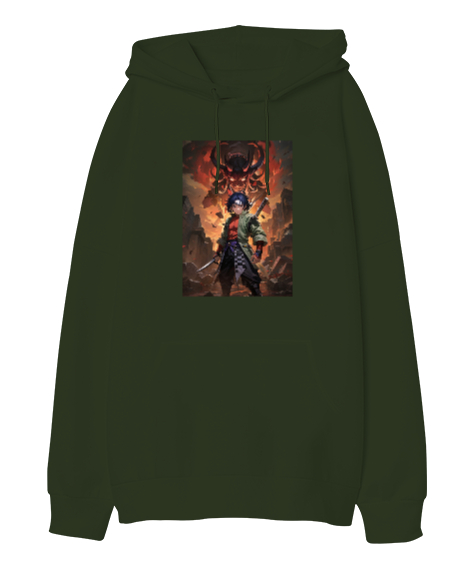Tisho - Demon Slayer Haki Yeşili Oversize Unisex Kapüşonlu Sweatshirt