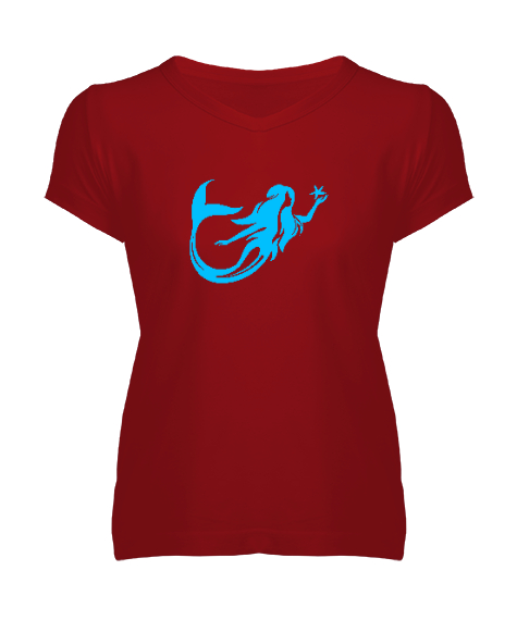 Tisho - Deniz Kızı - Mermaid - Denizkızı Kırmızı Kadın V Yaka Tişört