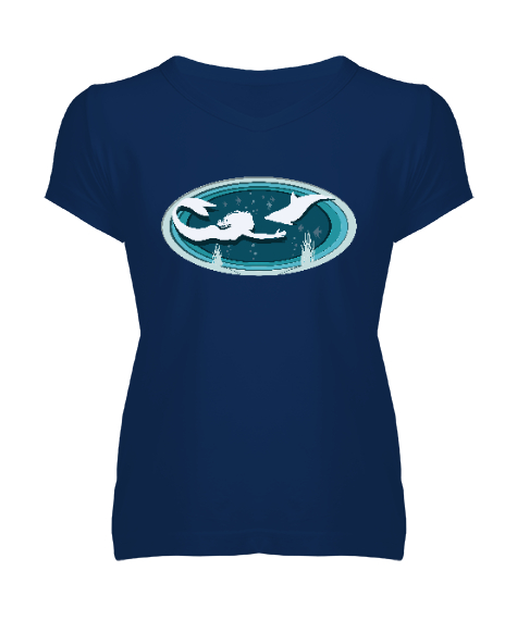 Tisho - Deniz Kızı ve Yunus - Mermaid Dolphin Lacivert Kadın V Yaka Tişört