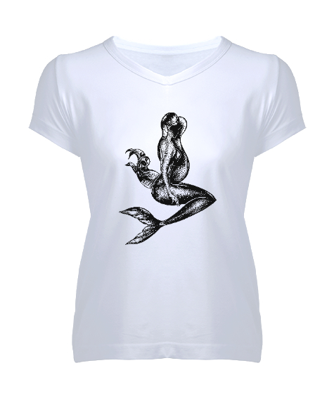 Tisho - Denizkızı - Mermaid Beyaz Kadın V Yaka Tişört