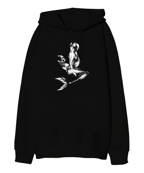 Tisho - Denizkızı - Mermaid Siyah Oversize Unisex Kapüşonlu Sweatshirt