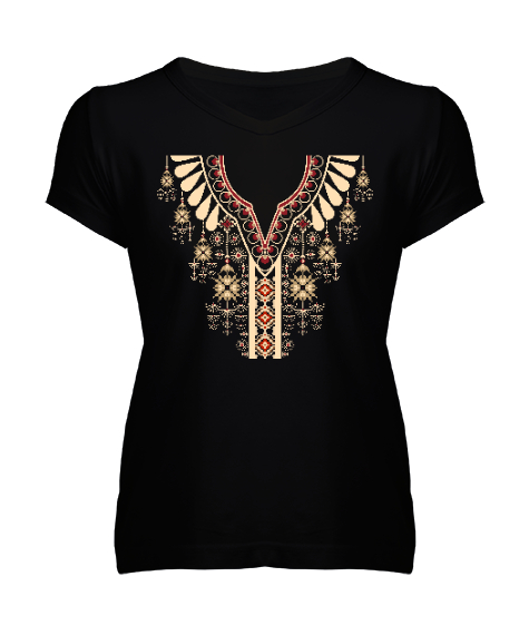 Tisho - Desen Süsleme Siyah Kadın V Yaka Tişört