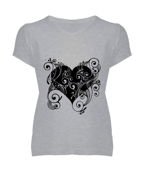 Tisho - Desenli kalp Kadın V Yaka Tişört
