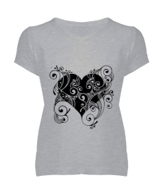 Desenli kalp Kadın V Yaka Tişört - Tisho