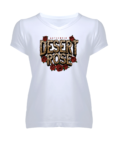 Desert Rose Beyaz Kadın V Yaka Tişört