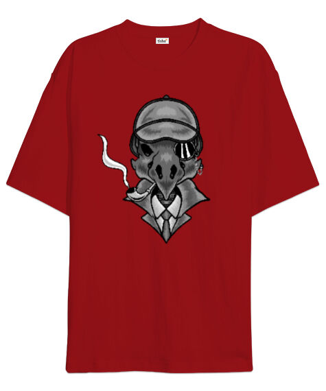 Tisho - Detective Penguin Kırmızı Oversize Unisex Tişört