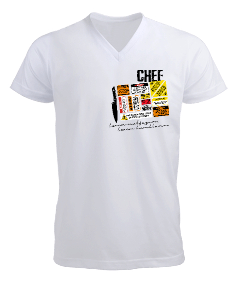 Tisho - Dikkat Chef Beyaz Erkek Kısa Kol V Yaka Tişört