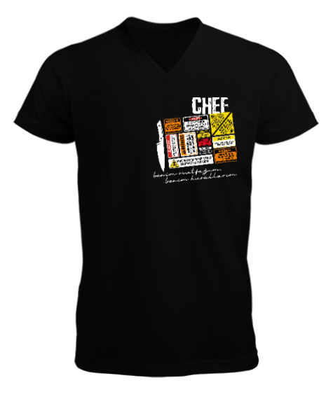 Tisho - Dikkat Chef Siyah Erkek Kısa Kol V Yaka Tişört