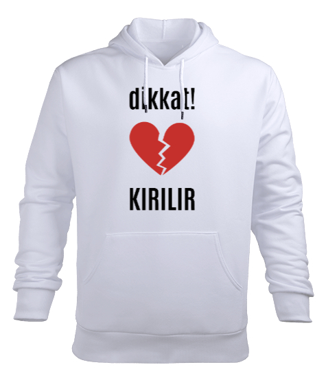 Tisho - Dikkat Kırılır Kırık Kalp Beyaz Erkek Kapüşonlu Hoodie Sweatshirt