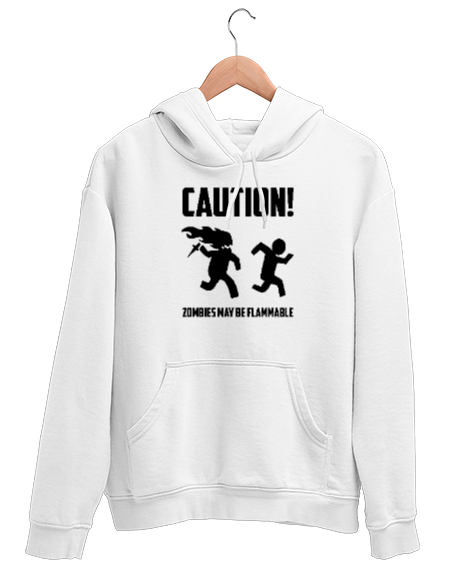 Tisho - Dikkat Zombi Alev Alabilir - Caution Zombies Beyaz Unisex Kapşonlu Sweatshirt