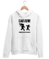 Dikkat Zombi Alev Alabilir - Caution Zombies Beyaz Unisex Kapşonlu Sweatshirt - Tisho