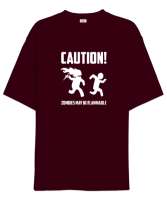 Dikkat Zombi Alev Alabilir - Caution Zombies Bordo Oversize Unisex Tişört - Tisho