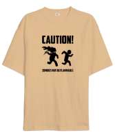 Dikkat Zombi Alev Alabilir - Caution Zombies Camel Oversize Unisex Tişört - Tisho