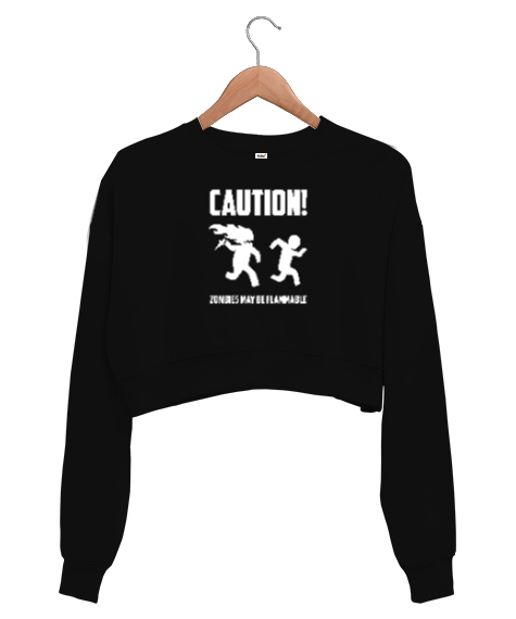 Tisho - Dikkat Zombi Alev Alabilir - Caution Zombies Siyah Kadın Crop Sweatshirt