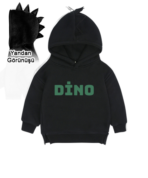 Tisho - Dino Siyah Çocuk Dinozor Kapşonlu Hoodie