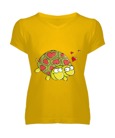 Tisho - Dişi ve erkek kaplumbağa ile yüzük baskılı kadın Kadın V Yaka Tişört