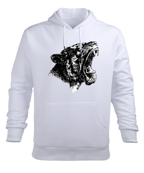 Tisho - Dişleri Kanlı Vahşi Yırtıcı Kükreyen Güçlü Kaplan Beyaz Erkek Kapüşonlu Hoodie Sweatshirt