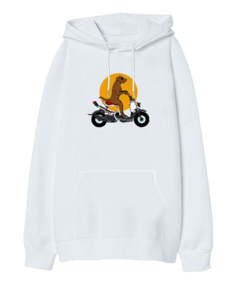 Tisho - Dog Bike Beyaz Oversize Unisex Kapüşonlu Sweatshirt