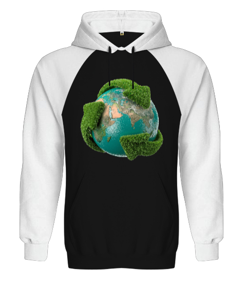 Tisho - Doğa - Nature - Geri Dönüşüm Siyah/Beyaz Orjinal Reglan Hoodie Unisex Sweatshirt