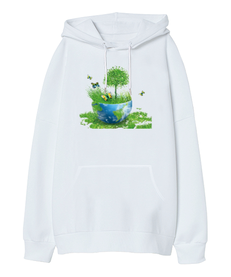 Tisho - Doğa - Nature V1 Beyaz Oversize Unisex Kapüşonlu Sweatshirt