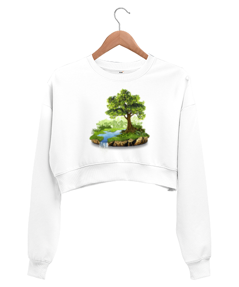 Tisho - Doğa - Nature V2 Beyaz Kadın Crop Sweatshirt