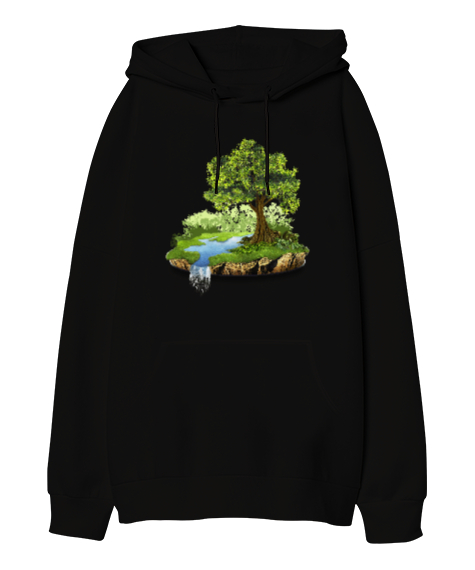 Tisho - Doğa - Nature V2 Siyah Oversize Unisex Kapüşonlu Sweatshirt