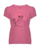 doğa ve zerafet Pembe Kadın V Yaka Tişört - Tisho