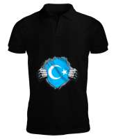 Doğu Türkistan,Uyghur,East Turkestan. Siyah Erkek Kısa Kol Polo Yaka - Tisho