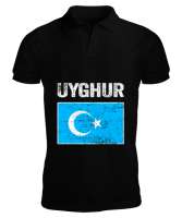 Doğu Türkistan,Uyghur,East Turkestan. Siyah Erkek Kısa Kol Polo Yaka - Tisho