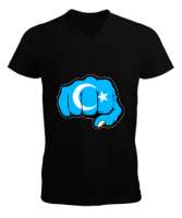 Doğu Türkistan,Uyghur,East Turkestan. Siyah Erkek Kısa Kol V Yaka Tişört - Tisho