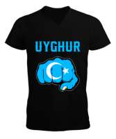 Doğu Türkistan,Uyghur,East Turkestan. Siyah Erkek Kısa Kol V Yaka Tişört - Tisho