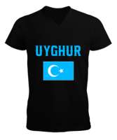 Doğu Türkistan,Uyghur,East Turkestan. Siyah Erkek Kısa Kol V Yaka Tişört - Tisho