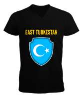 Doğu Türkistan,Uyghur,East Turkestan. Siyah Erkek Kısa Kol V Yaka Tişört - Tisho