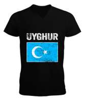Doğu Türkistan,Uyghur,East Turkestan. Siyah Erkek Kısa Kol V Yaka Tişört - Tisho