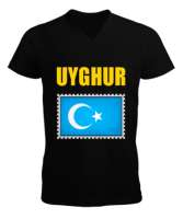 Doğu Türkistan,Uyghur,East Turkestan. Siyah Erkek Kısa Kol V Yaka Tişört - Tisho