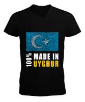 Doğu Türkistan,Uyghur,East Turkestan. Siyah Erkek Kısa Kol V Yaka Tişört - Tisho