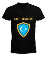 Doğu Türkistan,Uyghur,East Turkestan. Siyah Erkek Kısa Kol V Yaka Tişört - Tisho
