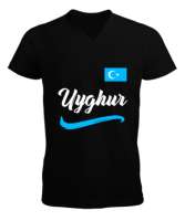 Doğu Türkistan,Uyghur,East Turkestan. Siyah Erkek Kısa Kol V Yaka Tişört - Tisho