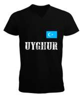 Doğu Türkistan,Uyghur,East Turkestan. Siyah Erkek Kısa Kol V Yaka Tişört - Tisho