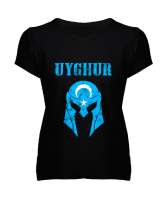 Doğu Türkistan,Uyghur,East Turkestan. Siyah Kadın V Yaka Tişört - Tisho