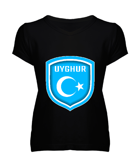Doğu Türkistan,Uyghur,East Turkestan. Siyah Kadın V Yaka Tişört - Tisho